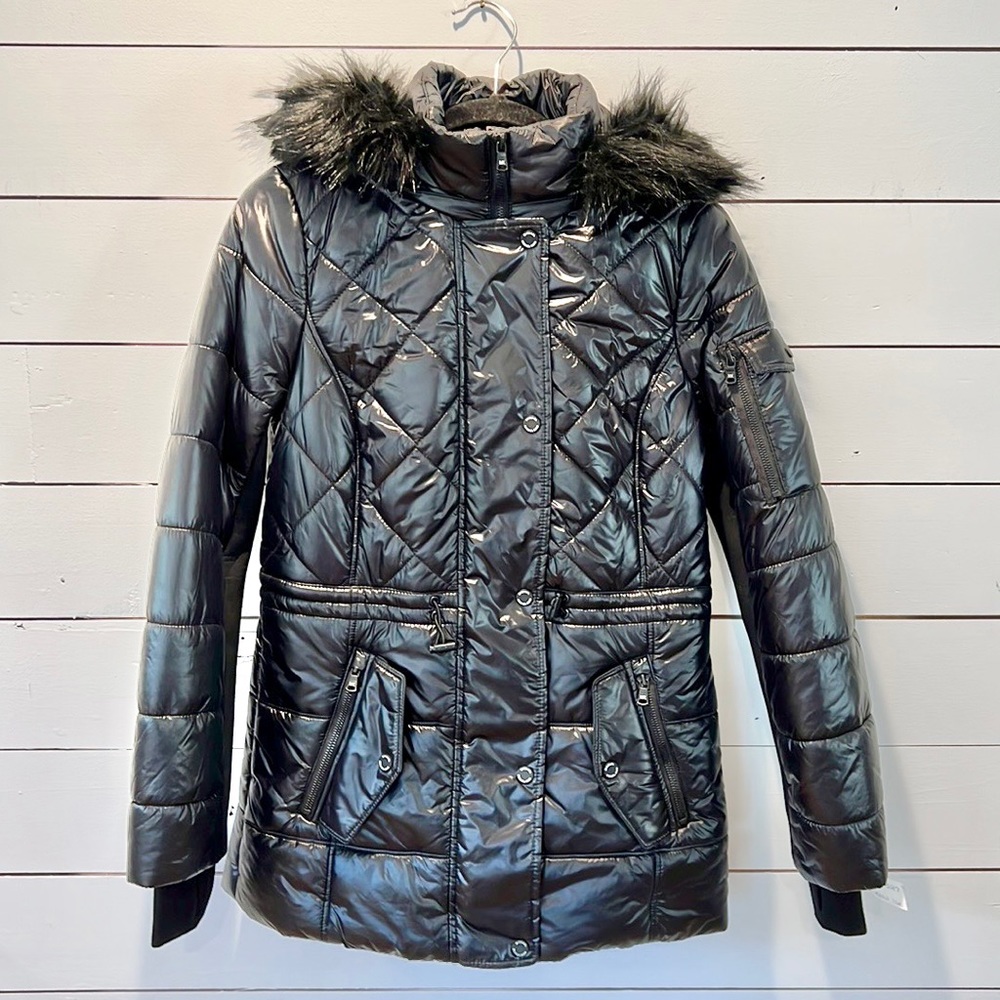 MICHAEL Micheal Kors Coat with Detachable Fur Hood, Black, Sz: Small